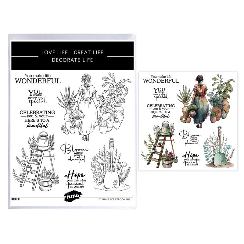 Girl Taking Care Of Garden Clear Stamps