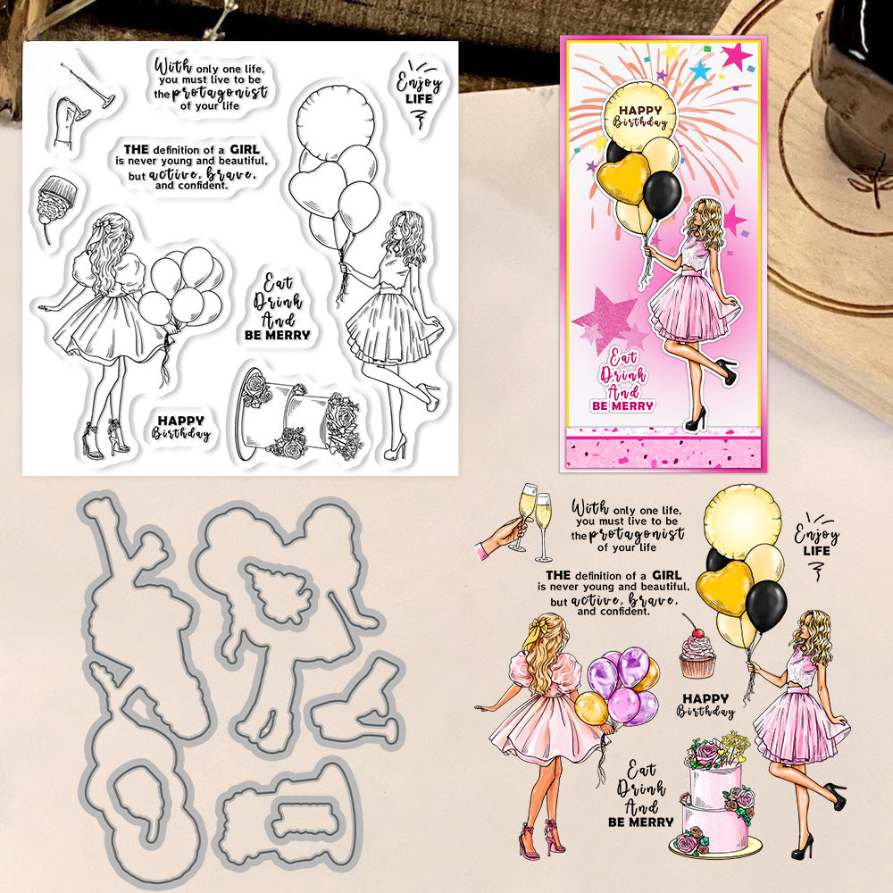 Birthday Balloon Girl Dies & Stamps Set