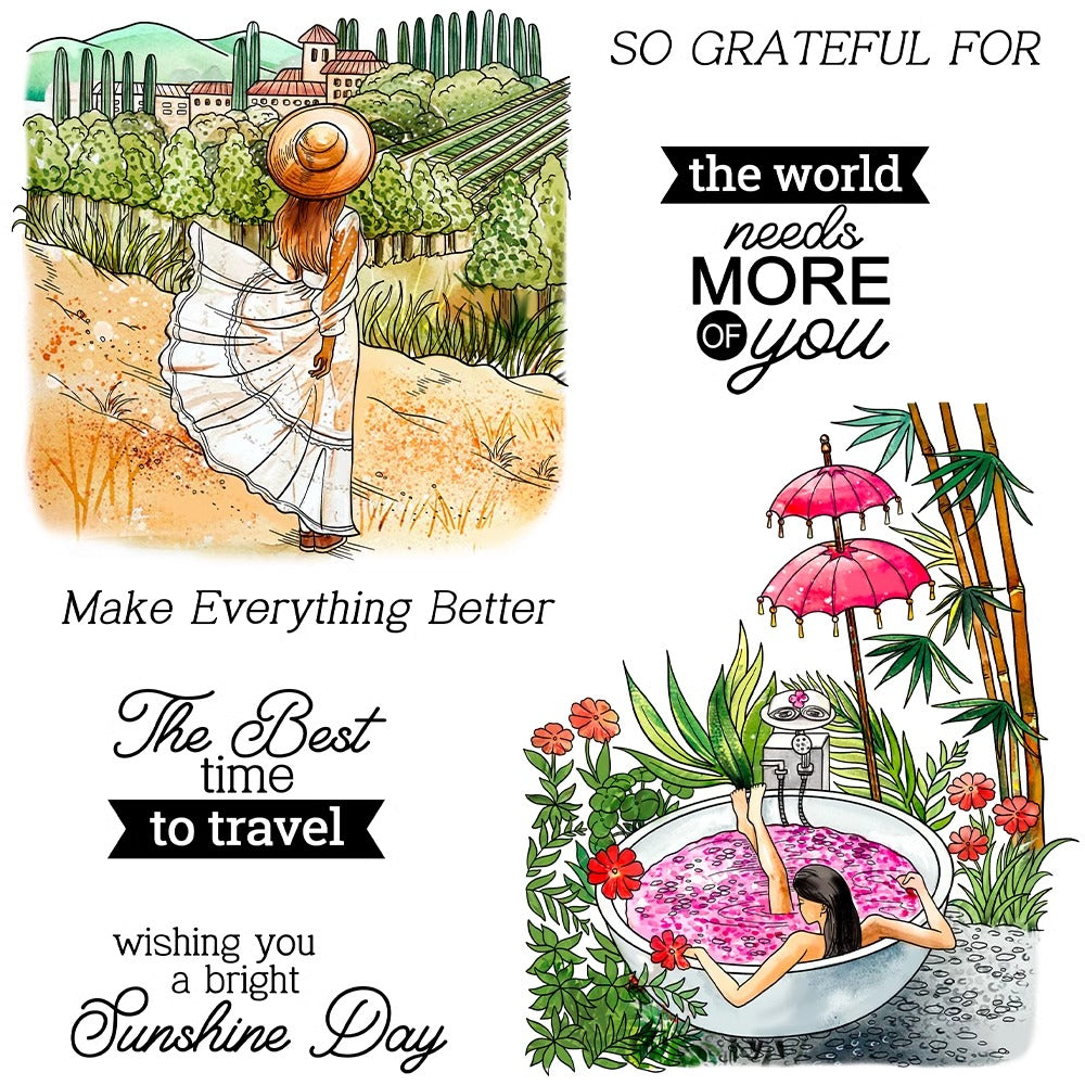 Summer Vacation Travel Girl Dies & Stamps Set