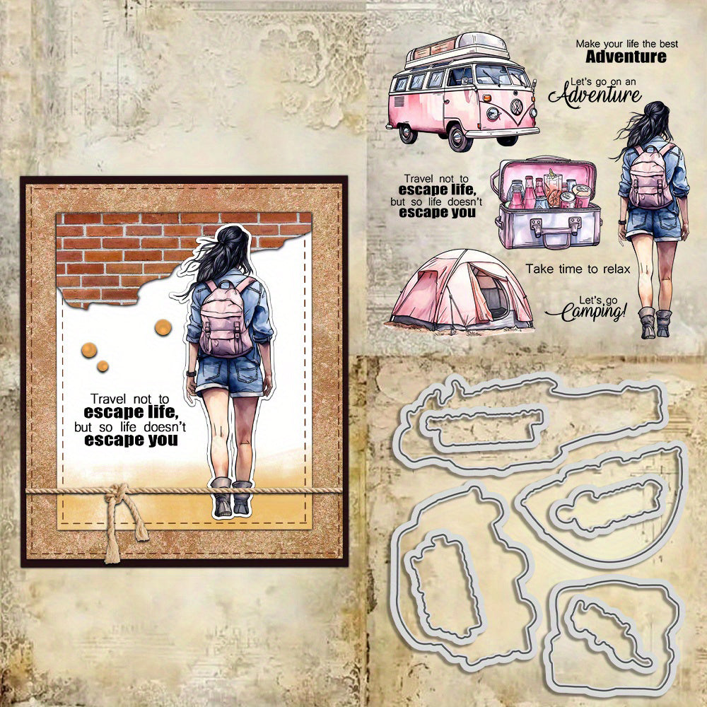 Camping Adventure Girl Dies & Stamps Set