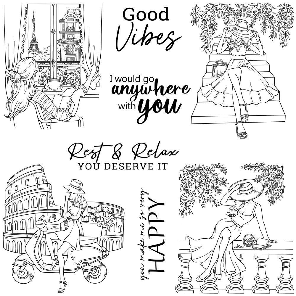 Summer Vacation Travel Girl Dies & Stamps Set