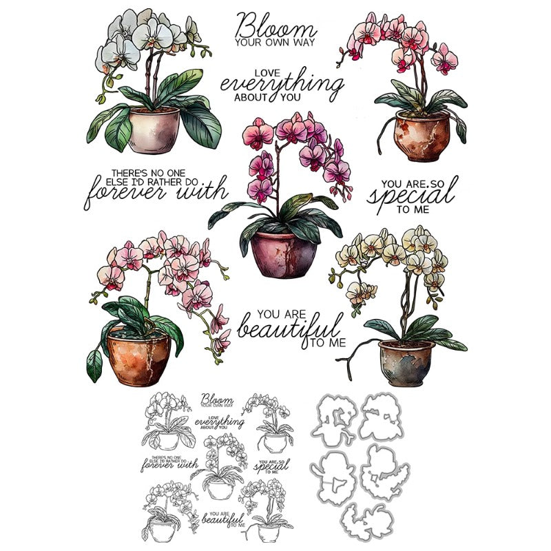 Blooming Potted Orchids Dies & Stamps Set