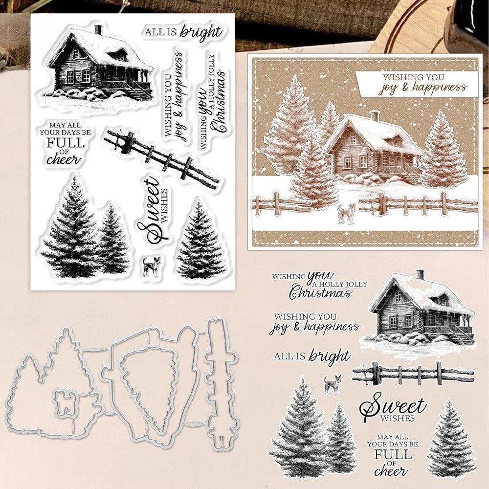 Winter Pine Forest and Cottage Dies & Stamps Set