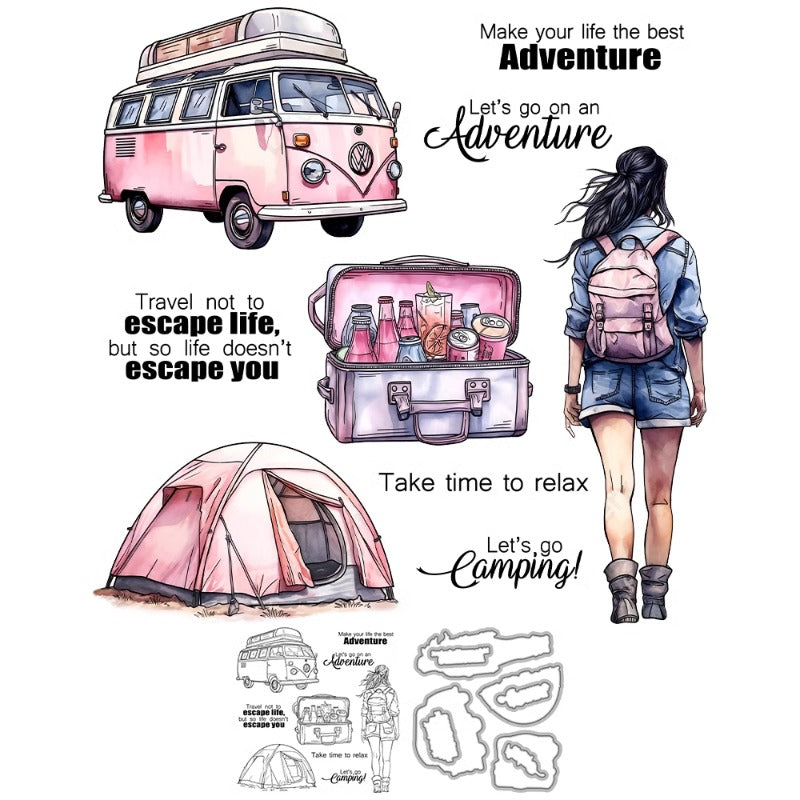Camping Adventure Girl Dies & Stamps Set