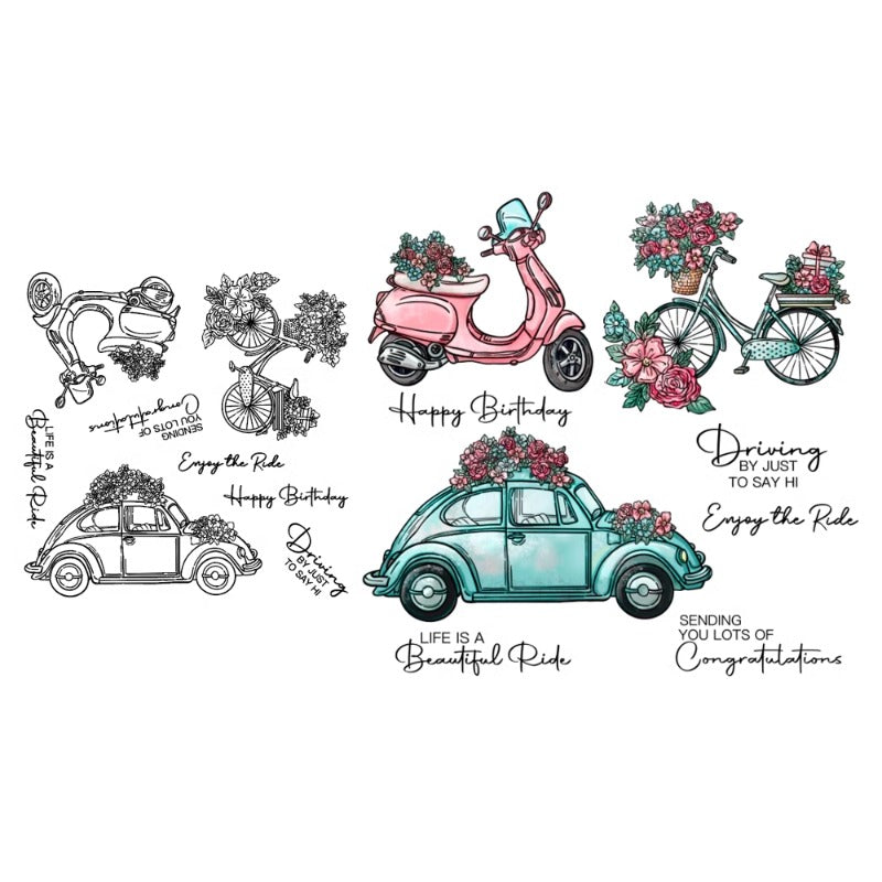 Flowers Car Bicycle Dies & Stamps Set