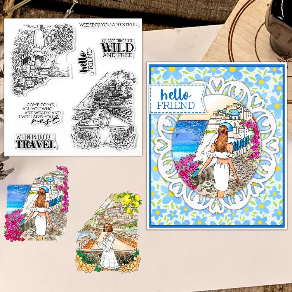 Summer Vacation Travel Girl Dies & Stamps Set