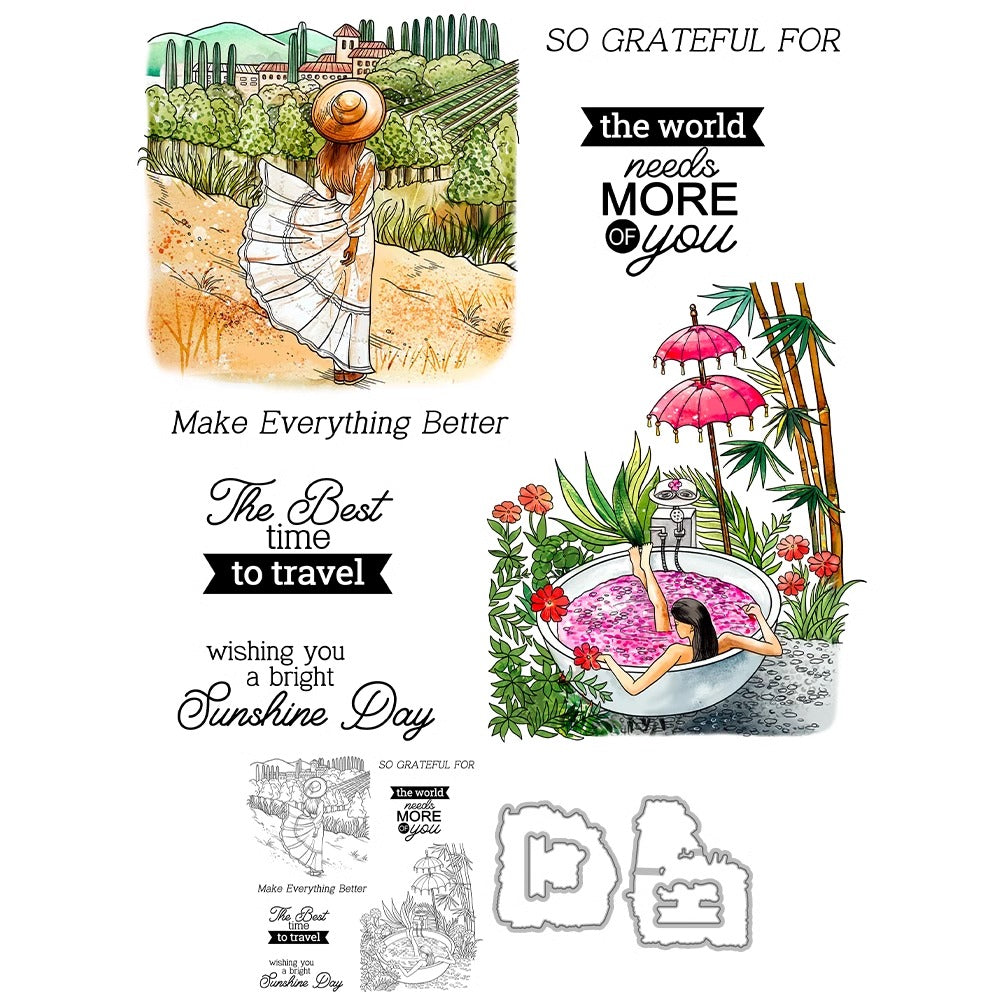 Summer Vacation Travel Girl Dies & Stamps Set