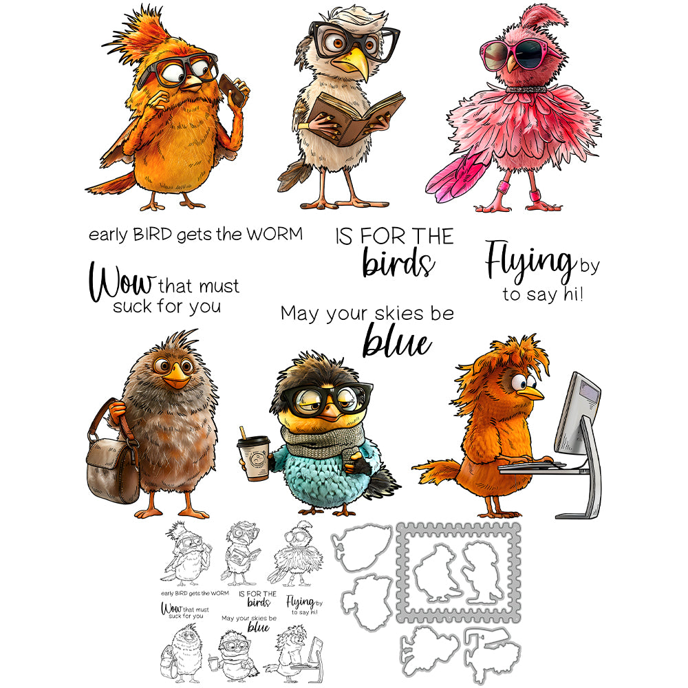 Funny Office Worker Cartoon Birds Dies & Stamps Set