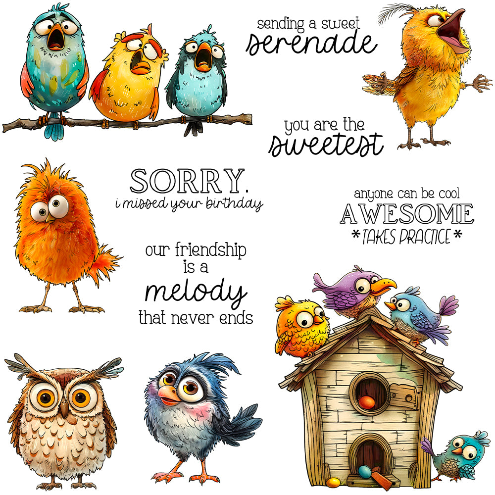 Cartoon Funny Bird Owl Dies & Stamps Set