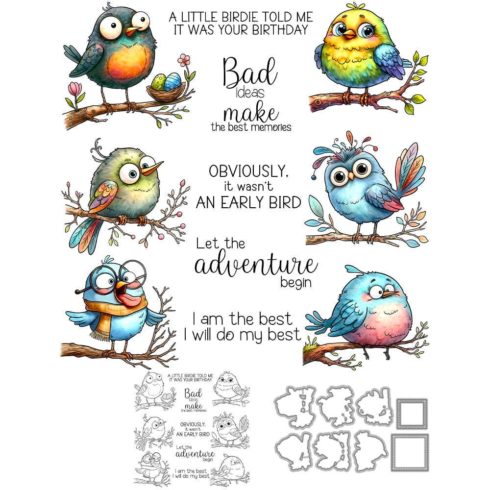 Cute Funny Birds Standing on the Branch Dies & Stamps Set