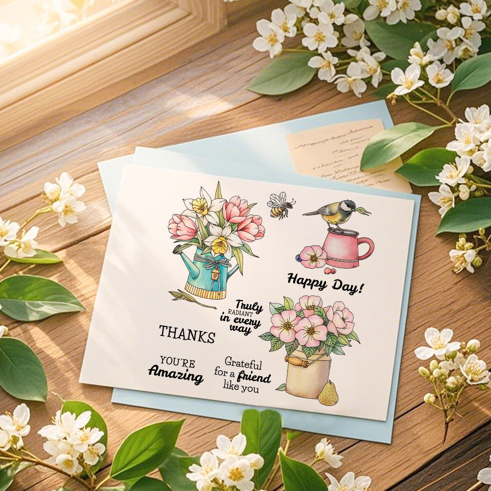 Potted Flowers Bird Clear Stamps