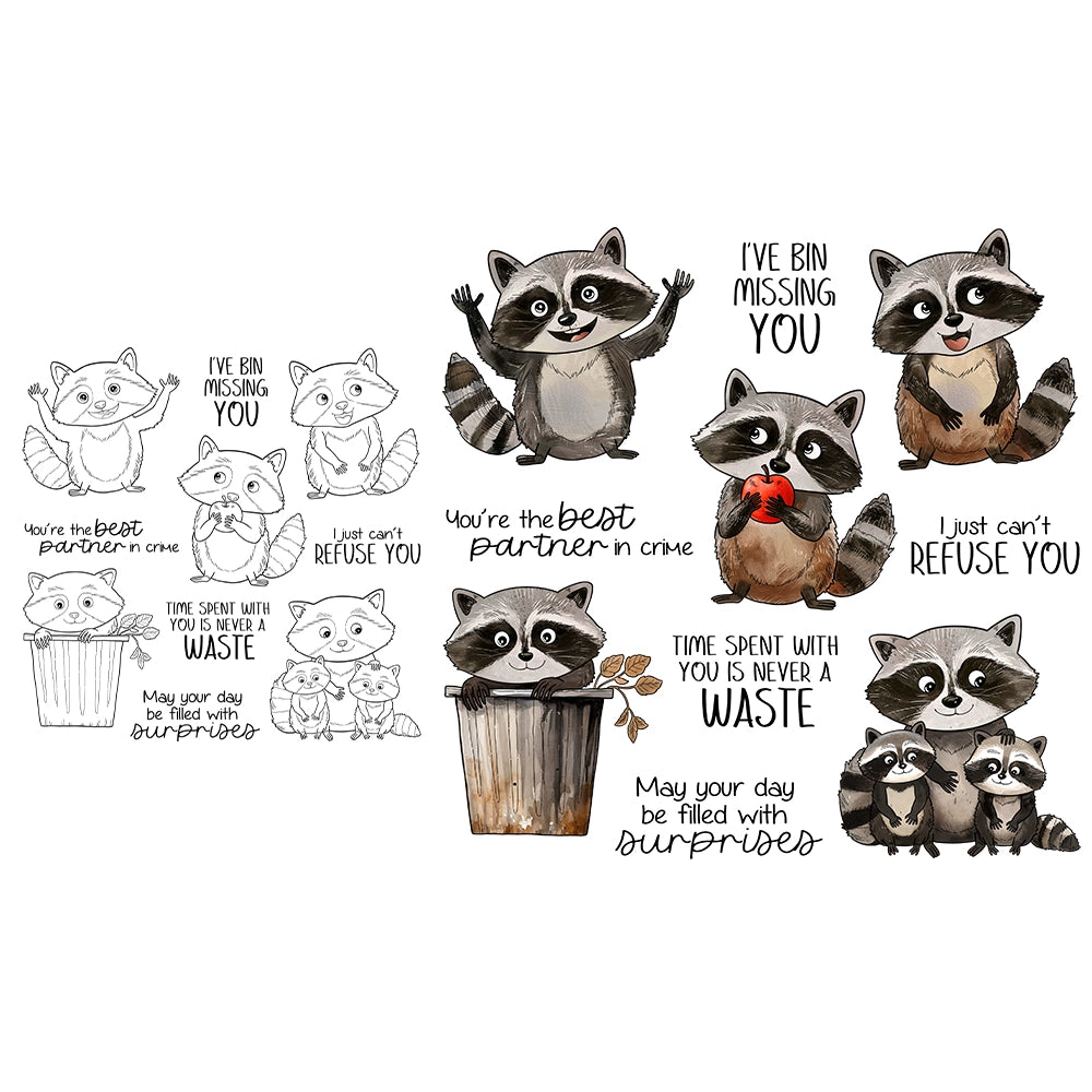 Cute Cartoon Raccoon Dies & Stamps Set