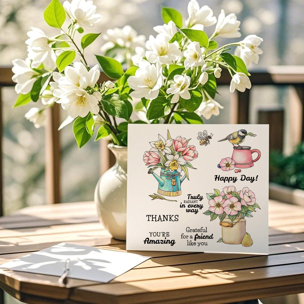 Potted Flowers Bird Clear Stamps