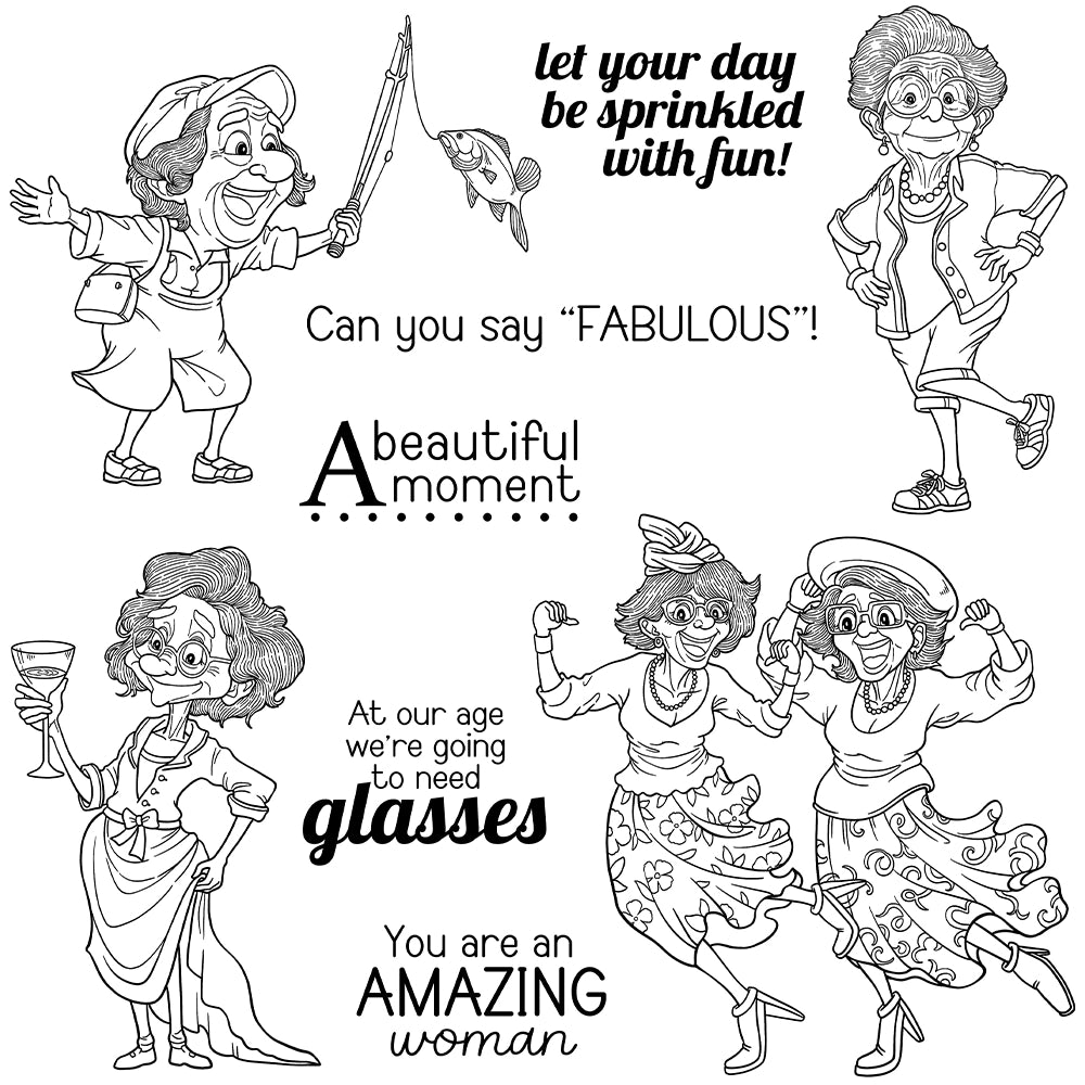 Happy Old Lady Fishing and Dancing Clear Stamps