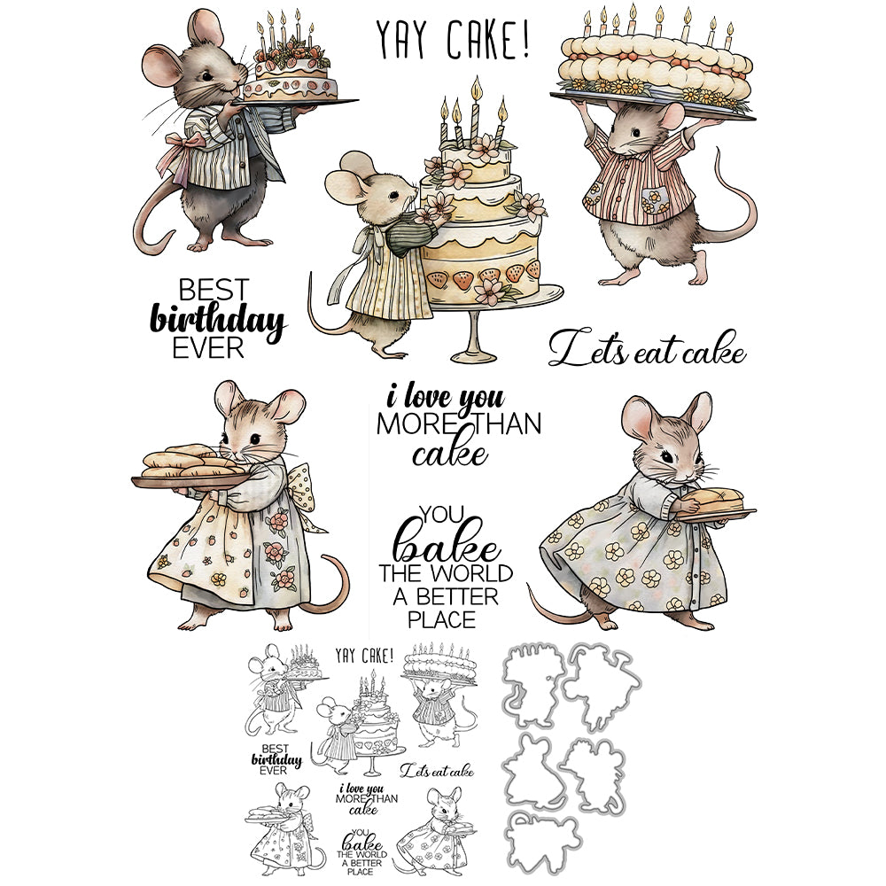 Cute Mouse Birthday Cake Dies & Stamps Set