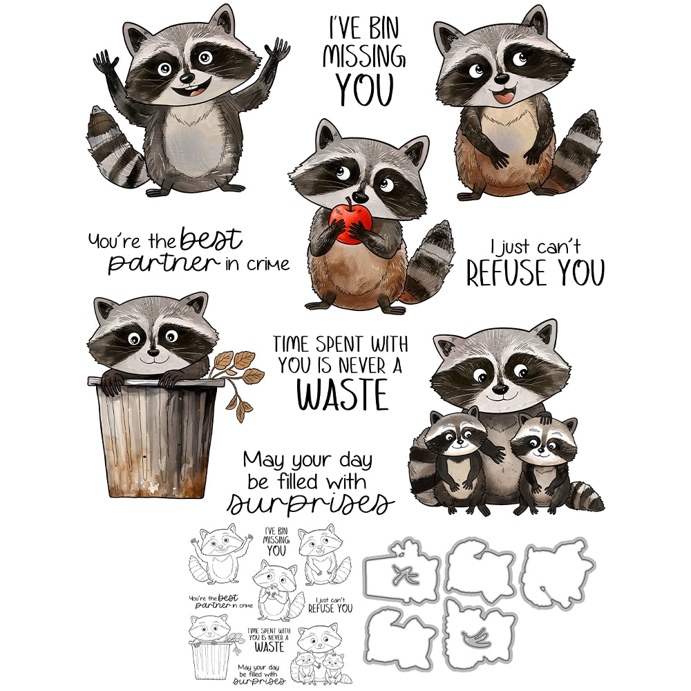 Cute Cartoon Raccoon Dies & Stamps Set