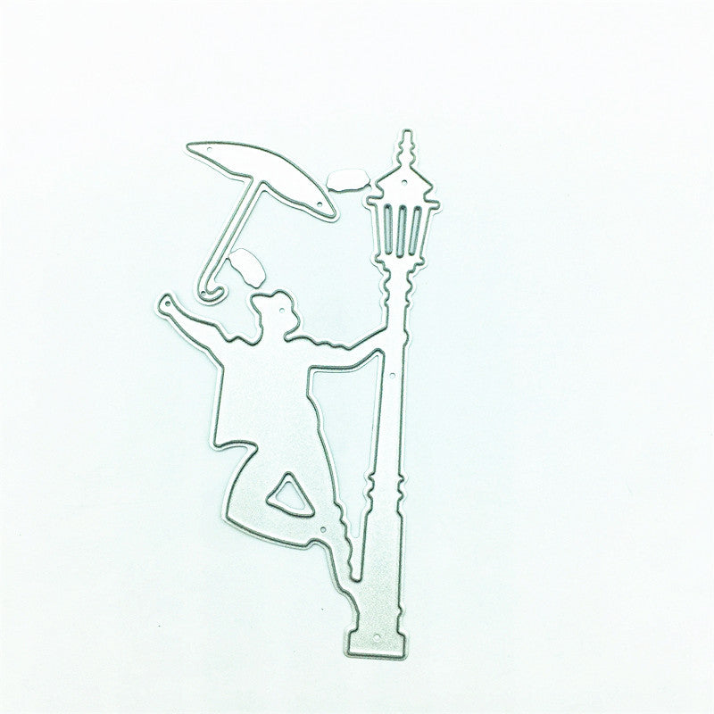 Man Holding An Umbrella And Leaning On The Street Lamp Railing Cutting Dies