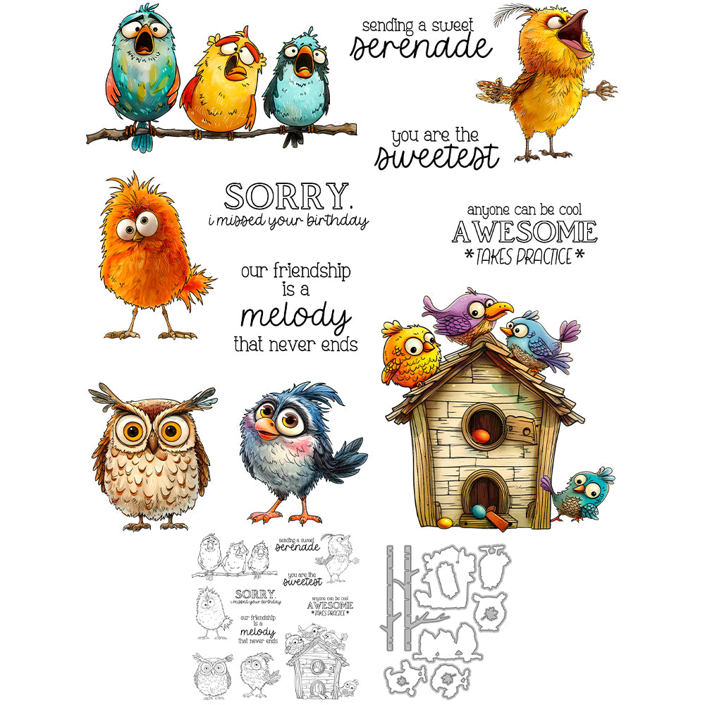 Cartoon Funny Bird Owl Dies & Stamps Set