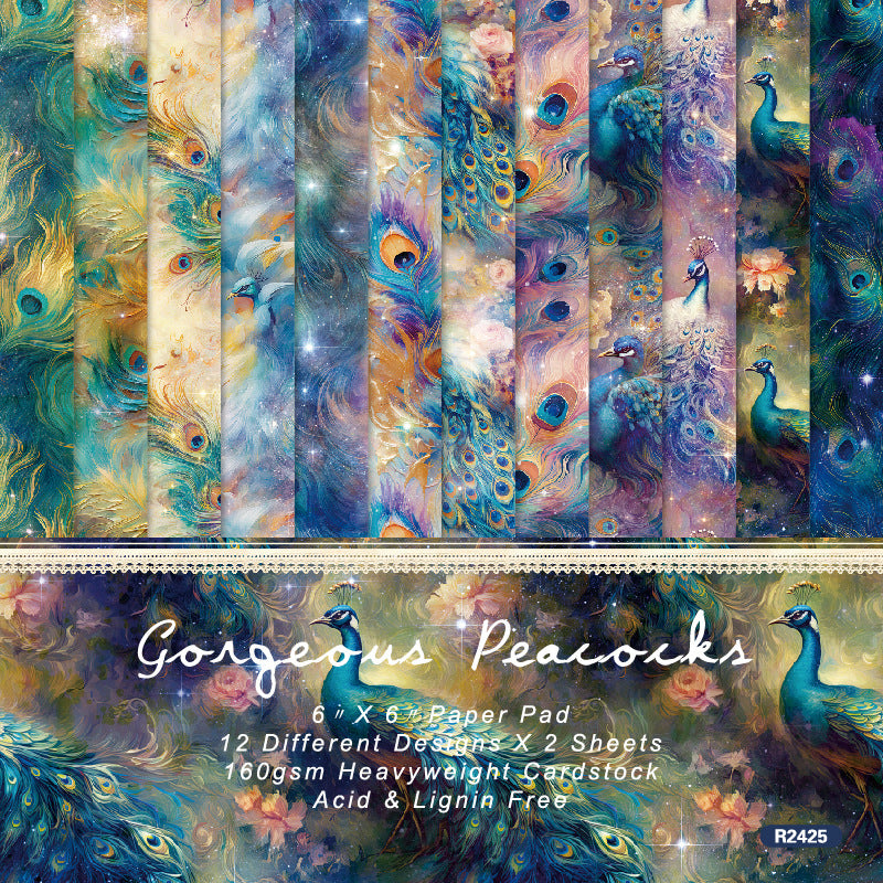 24PCS 6" Gorgeous Peacocks Scrapbook Paper & Cardstock