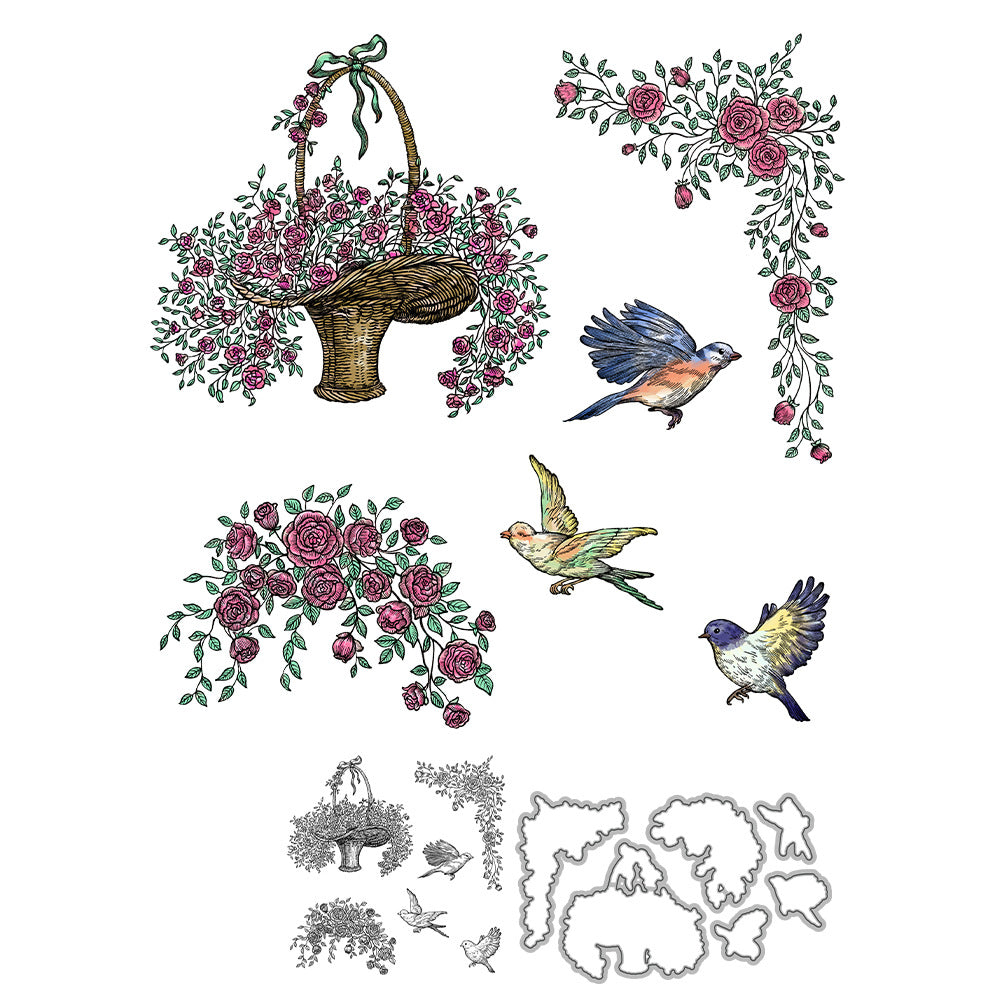 Flower Basket and Birds Dies & Stamps Set