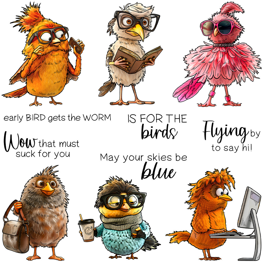 Funny Office Worker Cartoon Birds Dies & Stamps Set