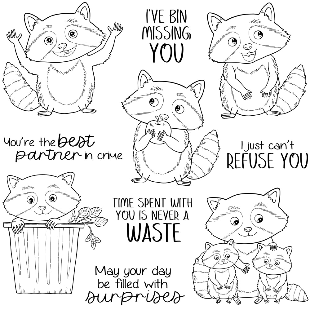 Cute Cartoon Raccoon Dies & Stamps Set