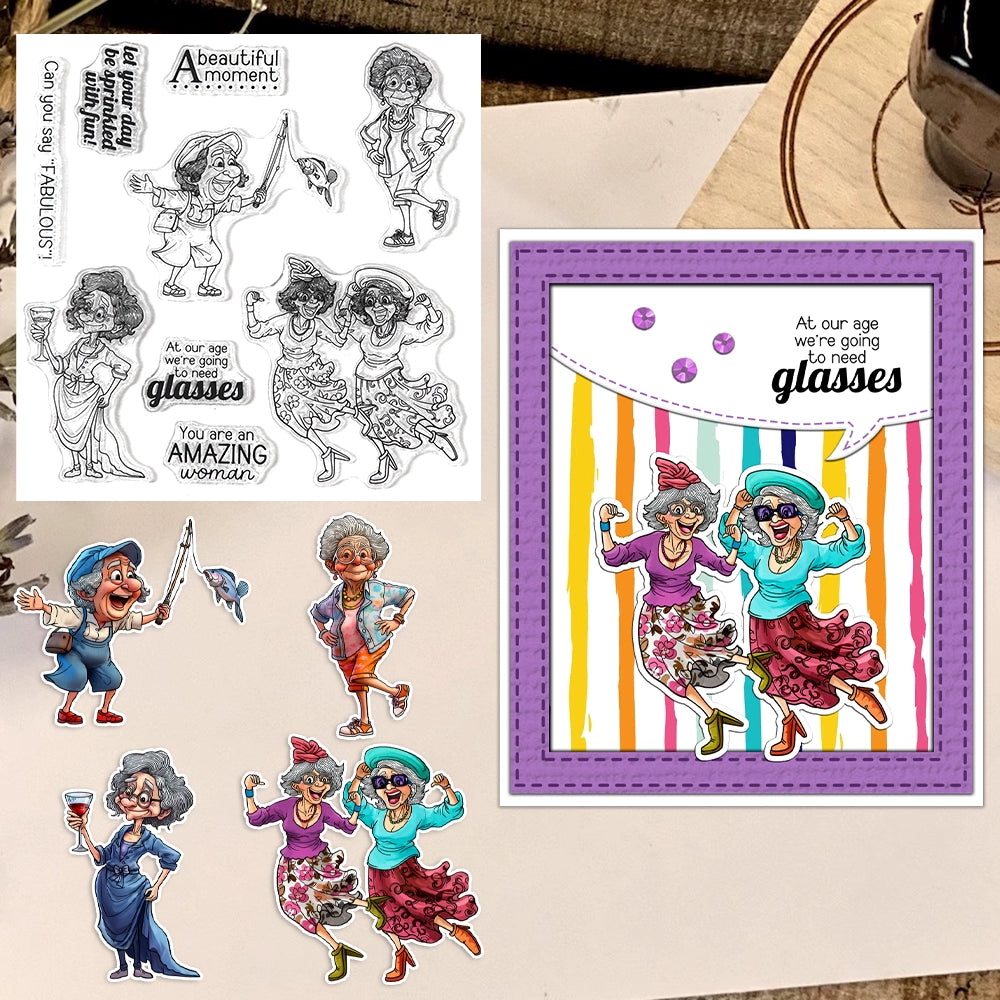 Happy Old Lady Fishing and Dancing Clear Stamps