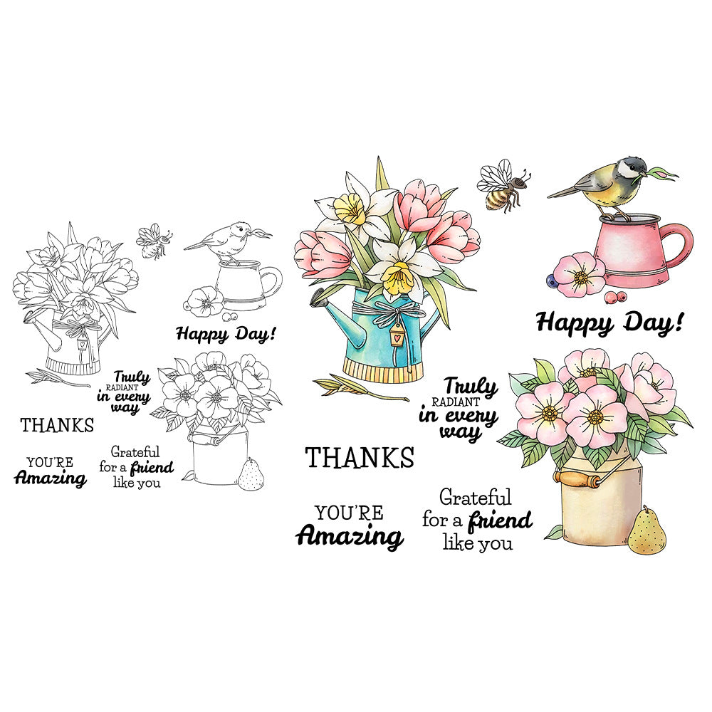 Potted Flowers Bird Clear Stamps