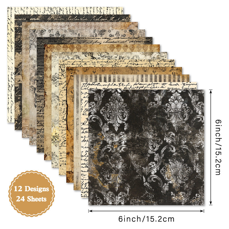 24PCS 6" Vintage Script Scrapbook Paper & Cardstock