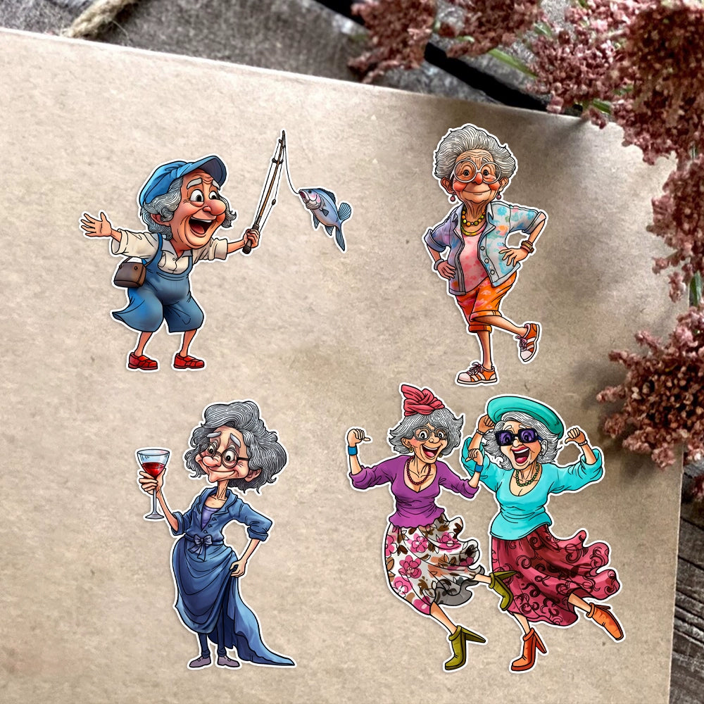 Happy Old Lady Fishing and Dancing Clear Stamps