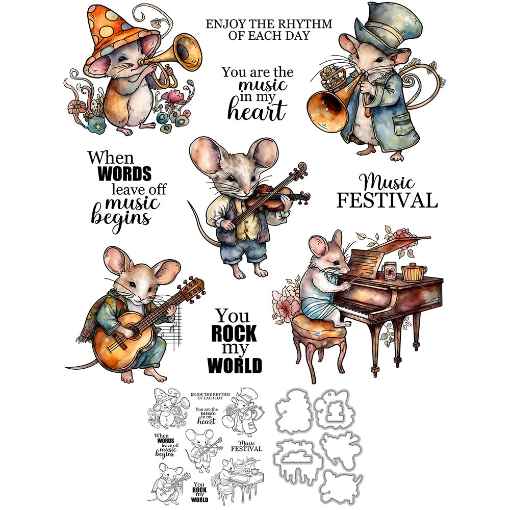 Mice Playing Musical Instruments Dies & Stamps Set
