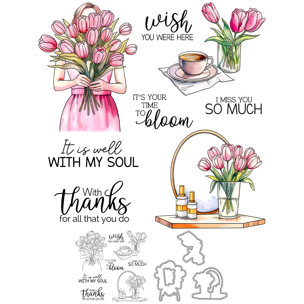 Girl Holding Tulips Dies & Stamps Set