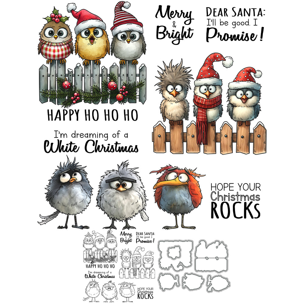Christmas Cute Funny Birds Dies & Stamps Set
