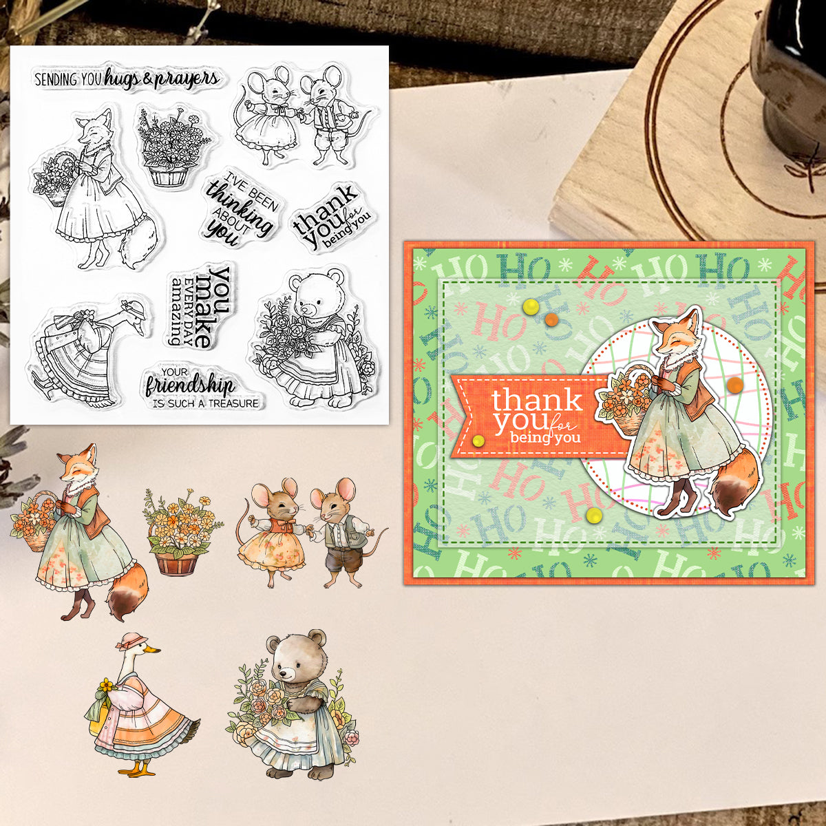 Cute Animals and Flowers Dies & Stamps Set
