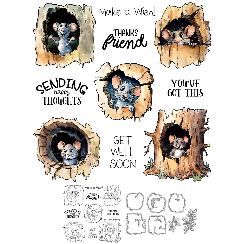 Cute Tree Hole Mouse Dies & Stamps Set