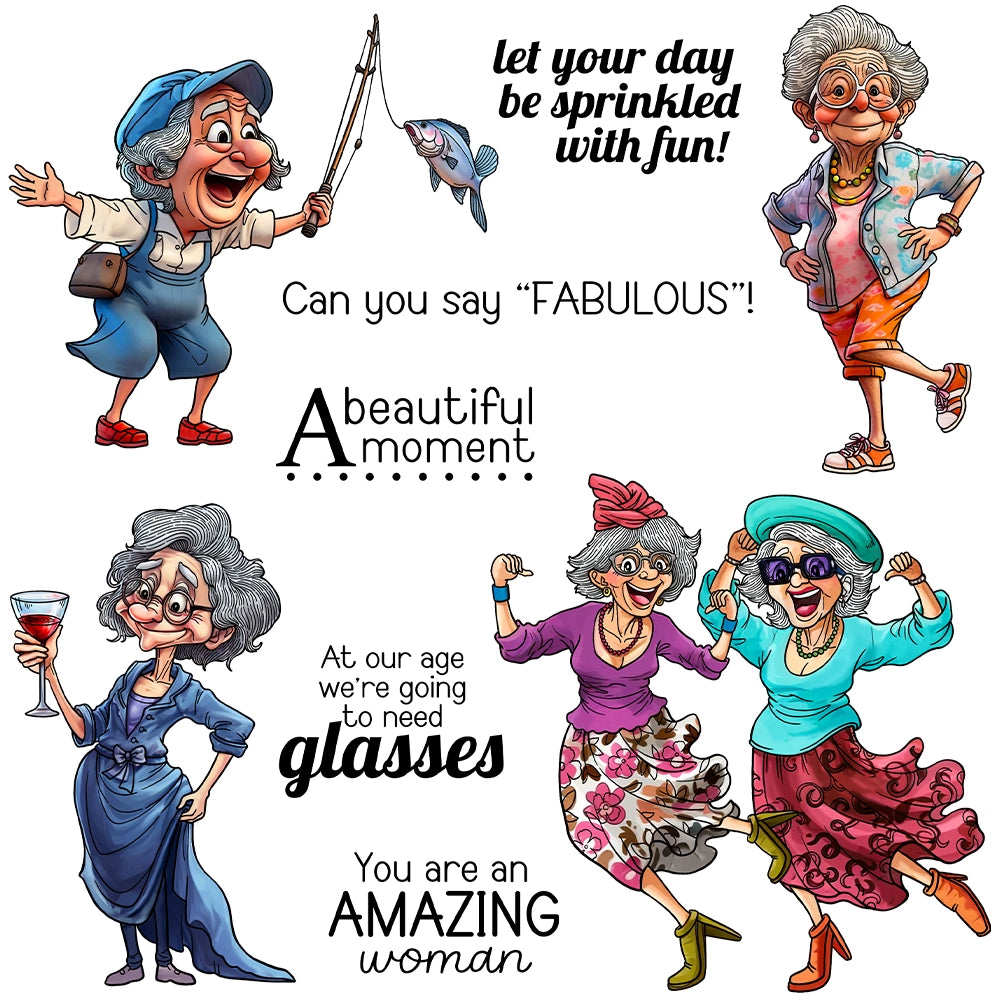Happy Old Lady Fishing and Dancing Clear Stamps