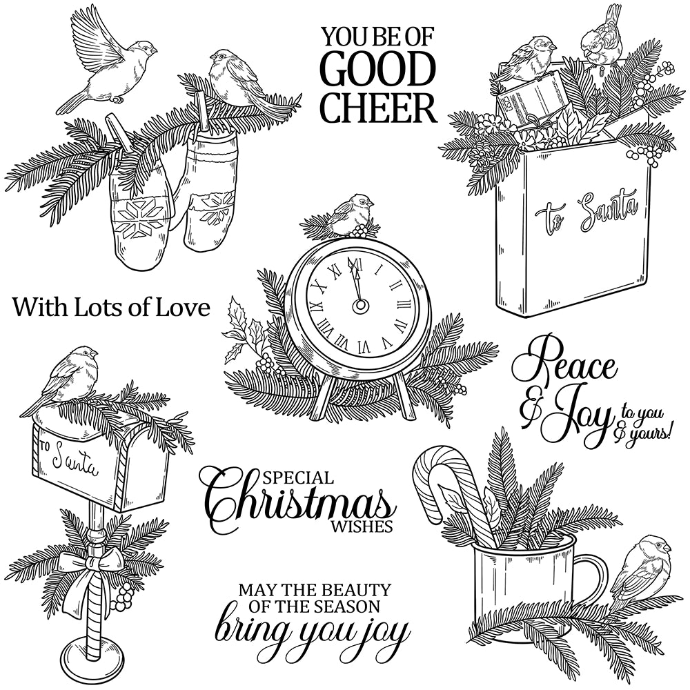 Merry Christmas Bird and Leaves Clear Stamps