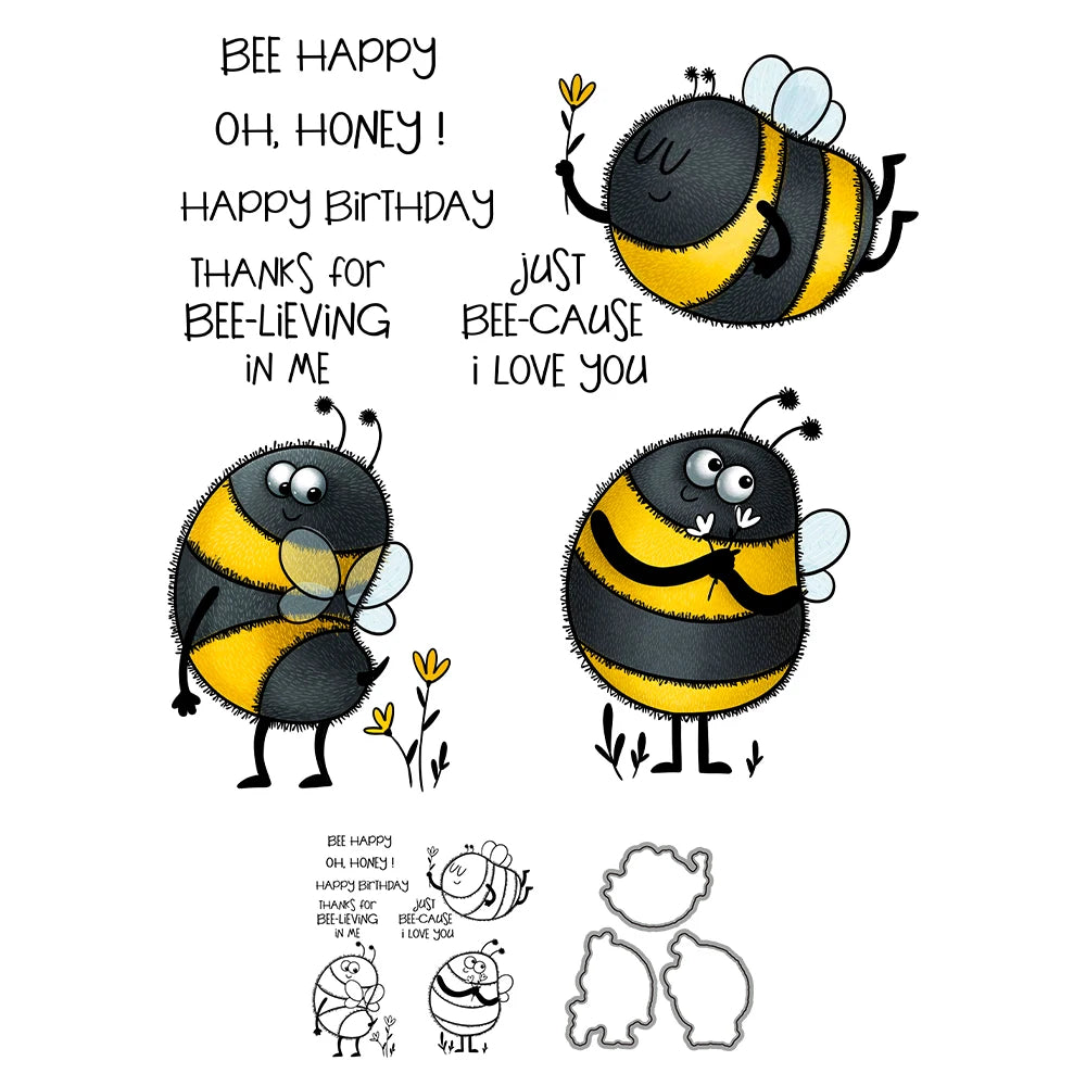 Cute Cartoon Bees Dies & Stamps Set