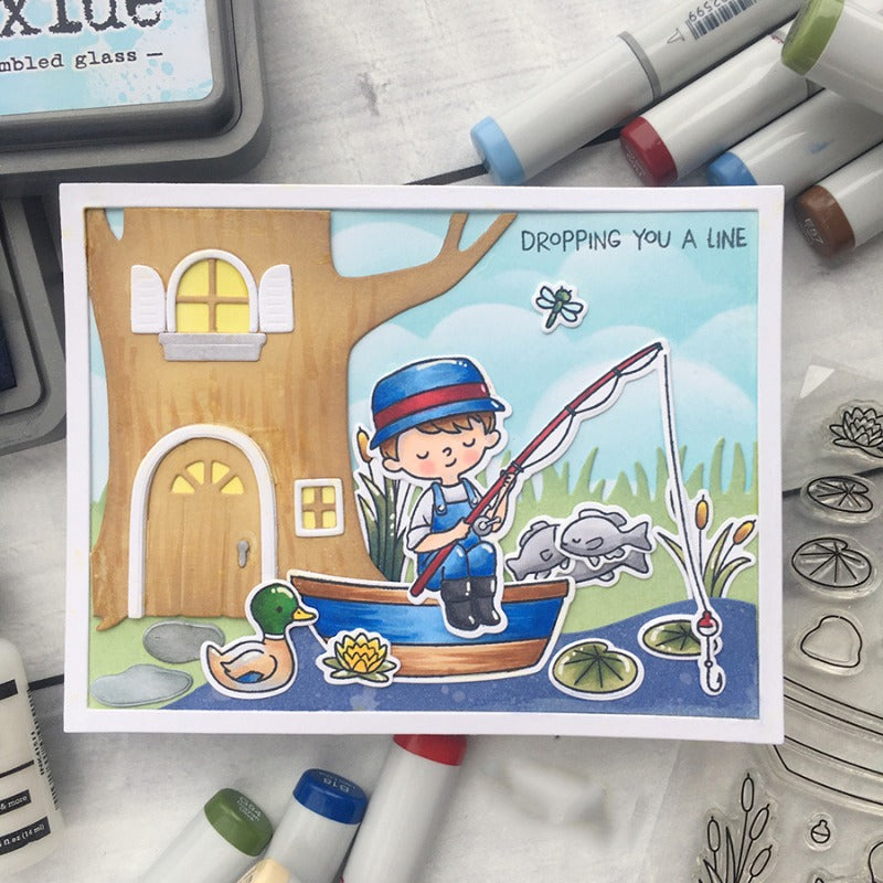 Fishing Boy Dies & Stamps Set