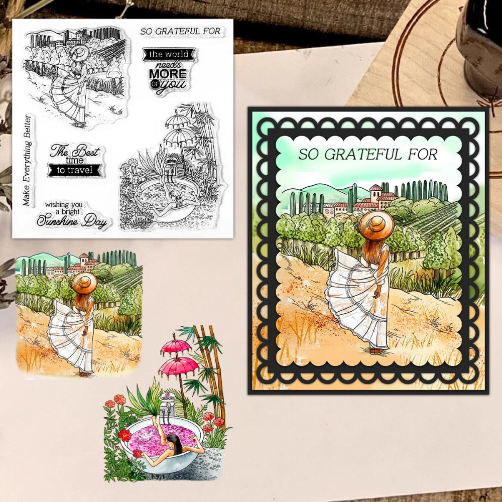 Summer Vacation Travel Girl Dies & Stamps Set