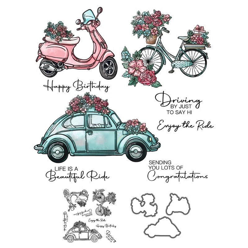 Flowers Car Bicycle Dies & Stamps Set