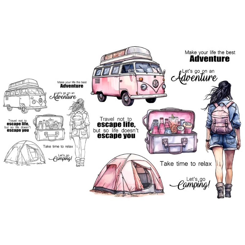 Camping Adventure Girl Dies & Stamps Set