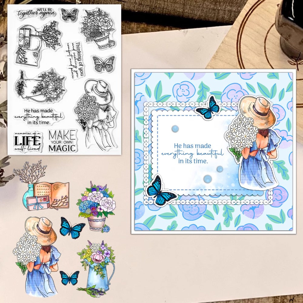 Romantic Flowers Butterflies Dies & Stamps Set