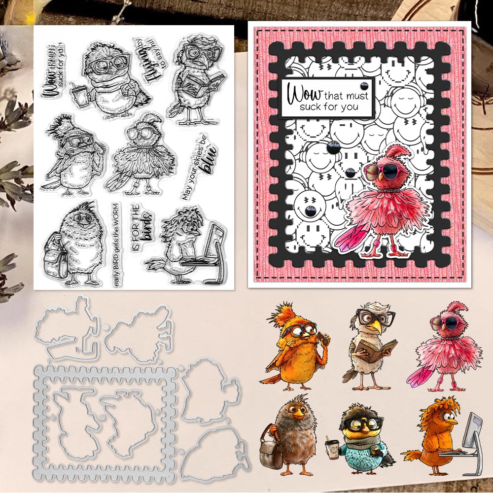 Funny Office Worker Cartoon Birds Dies & Stamps Set