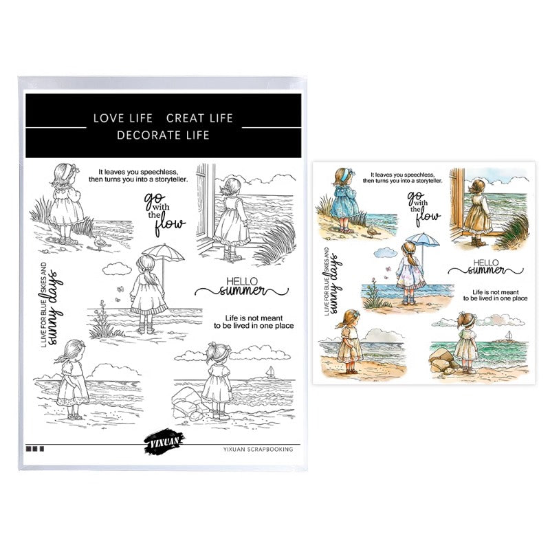 Summer Beach and Little Girl Clear Stamps