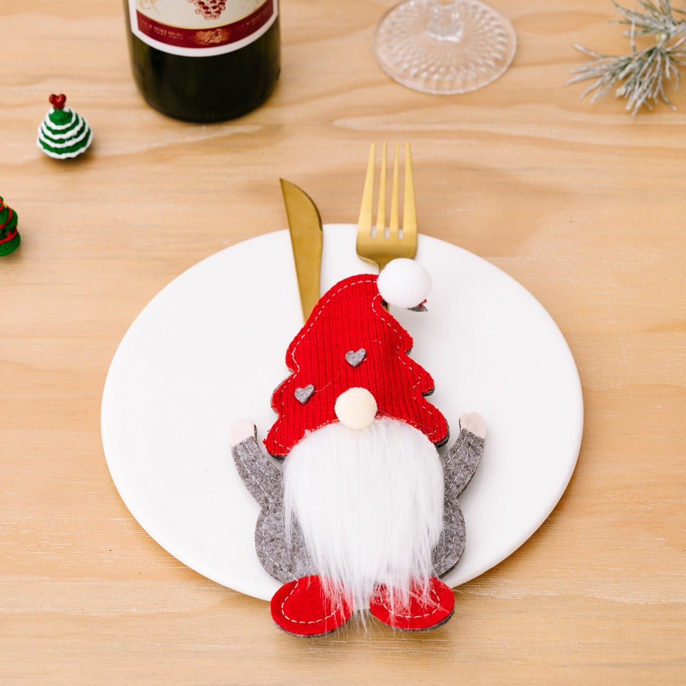 Festive Holiday Gnome Knife Fork Spoon Sleeves Set