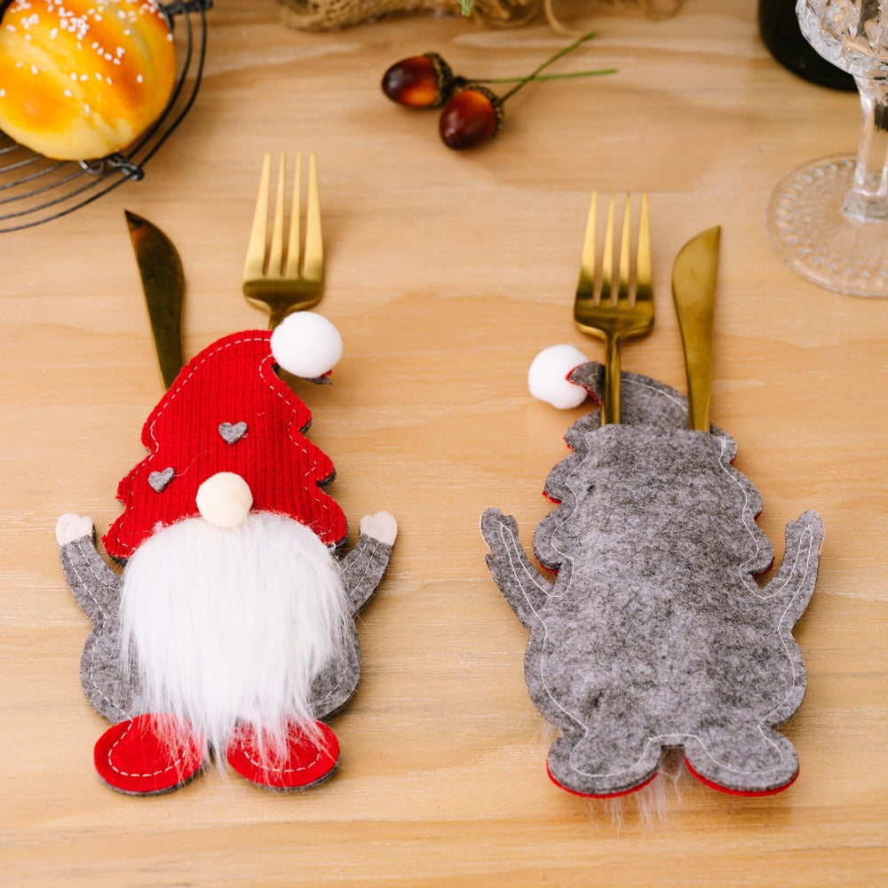 Festive Holiday Gnome Knife Fork Spoon Sleeves Set