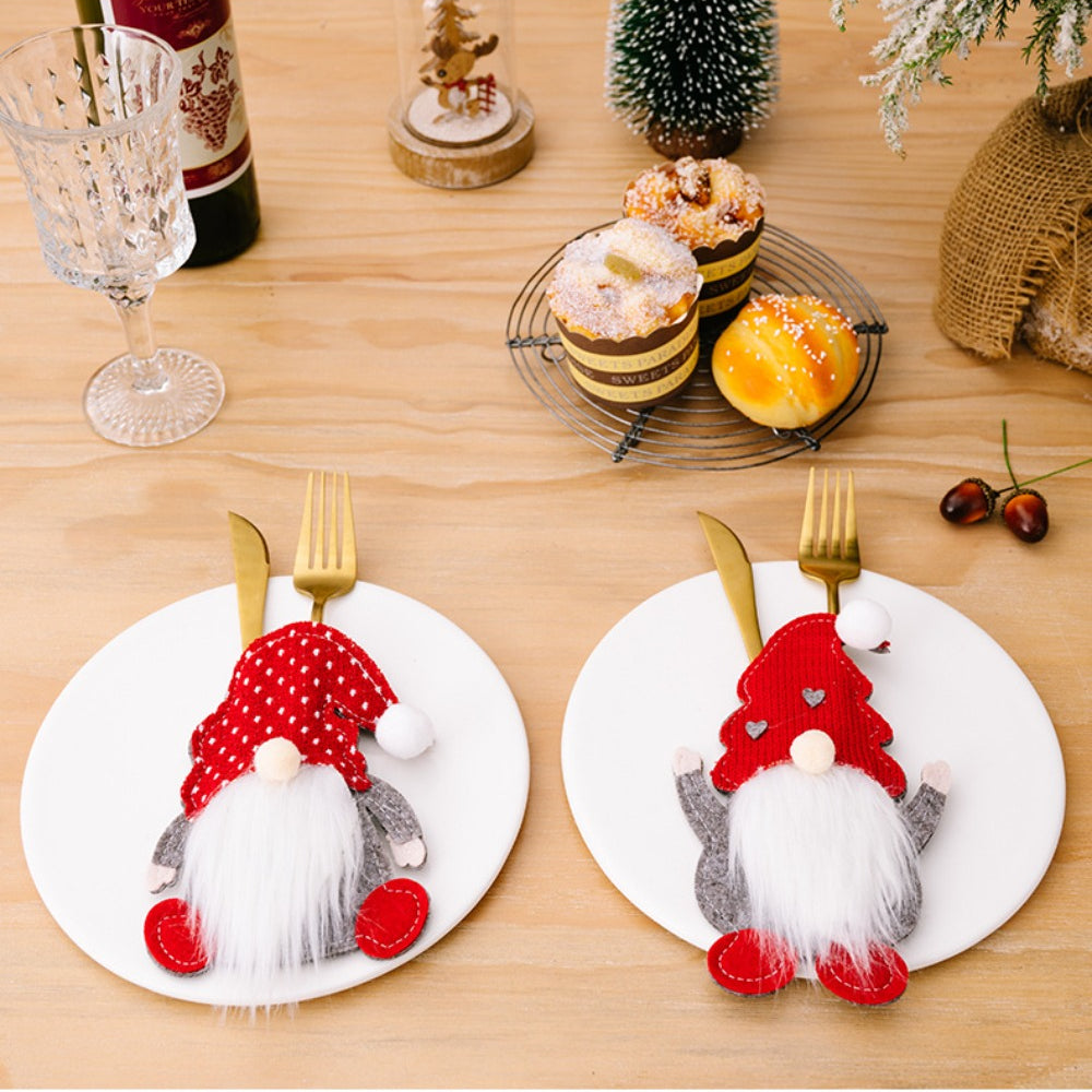 Festive Holiday Gnome Knife Fork Spoon Sleeves Set