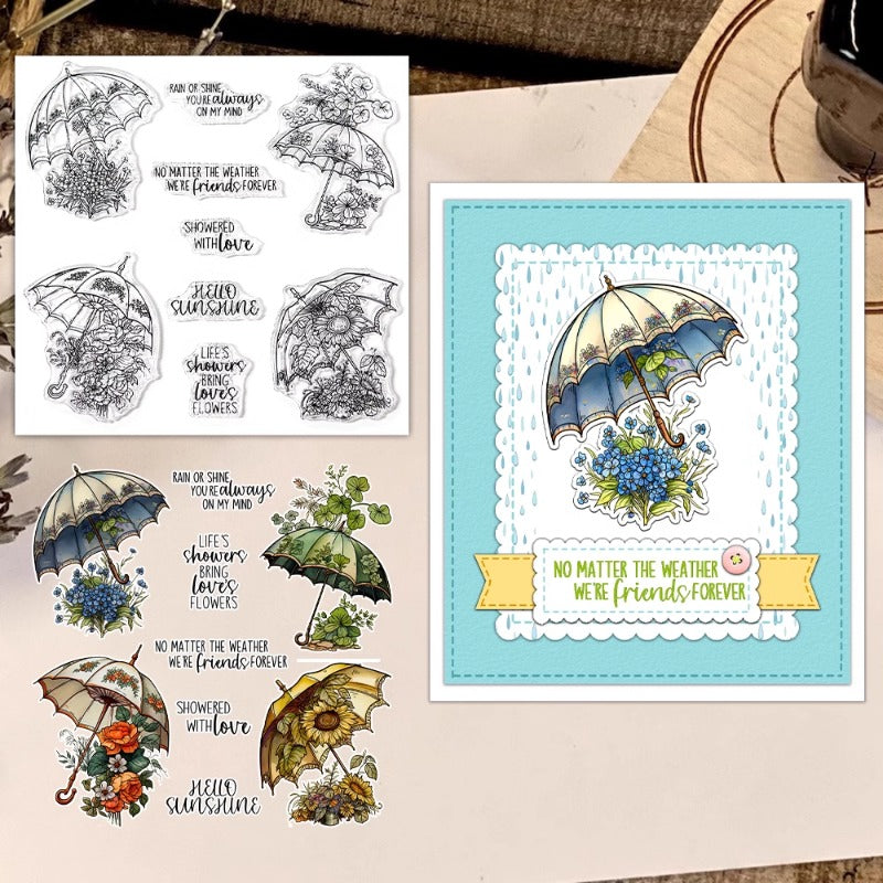 Blooming Flowers Under Umbrella Clear Stamps