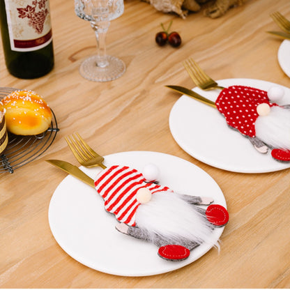 Festive Holiday Gnome Knife Fork Spoon Sleeves Set